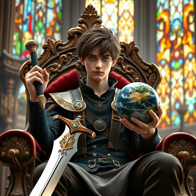 A young adult male seated on a majestic throne, holding a gleaming sword in his right hand and a small, intricately detailed model of a planet in his left hand