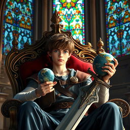 A young adult male seated on a majestic throne, holding a gleaming sword in his right hand and a small, intricately detailed model of a planet in his left hand