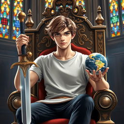 A young adult male seated on a majestic throne, holding a gleaming sword in his right hand and a small, intricately detailed model of a planet in his left hand