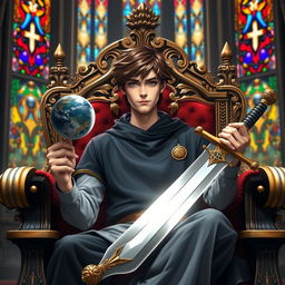 A young adult male seated on a majestic throne, holding a gleaming sword in his right hand and a small, intricately detailed model of a planet in his left hand