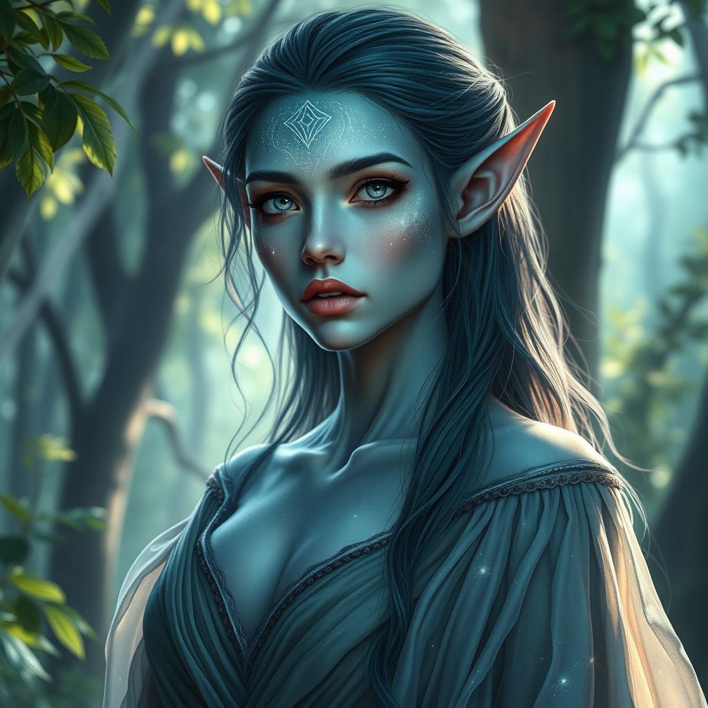 A mystical female elf with celestial skin, displaying signs of resilience and strength after enduring many challenges