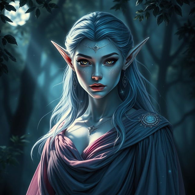 A mystical female elf with celestial skin, displaying signs of resilience and strength after enduring many challenges