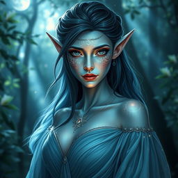 A mystical female elf with celestial skin, displaying signs of resilience and strength after enduring many challenges