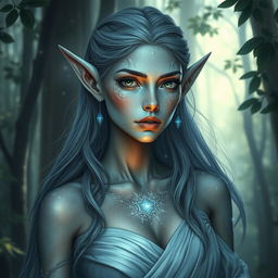 A mystical female elf with celestial skin, displaying signs of resilience and strength after enduring many challenges