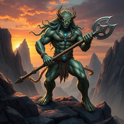 A powerful Earth Genasi wielding a formidable trident, standing firmly on rugged, rocky terrain