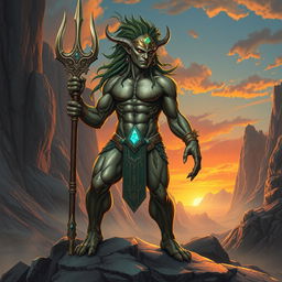 A powerful Earth Genasi wielding a formidable trident, standing firmly on rugged, rocky terrain