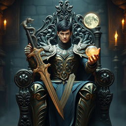 A majestic young adult male adorned in intricate dragon-themed armor, sitting confidently on an ornate, intricately carved throne