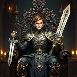 A majestic young adult male adorned in intricate dragon-themed armor, sitting confidently on an ornate, intricately carved throne