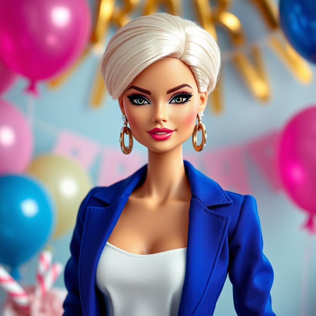 Create a fashion-forward Barbie doll inspired by a woman with chic short blonde hair, striking dramatic eyeliner, and elegant makeup