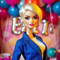 Create a fashion-forward Barbie doll inspired by a woman with chic short blonde hair, striking dramatic eyeliner, and elegant makeup