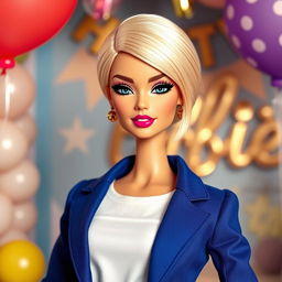 Create a fashion-forward Barbie doll inspired by a woman with chic short blonde hair, striking dramatic eyeliner, and elegant makeup