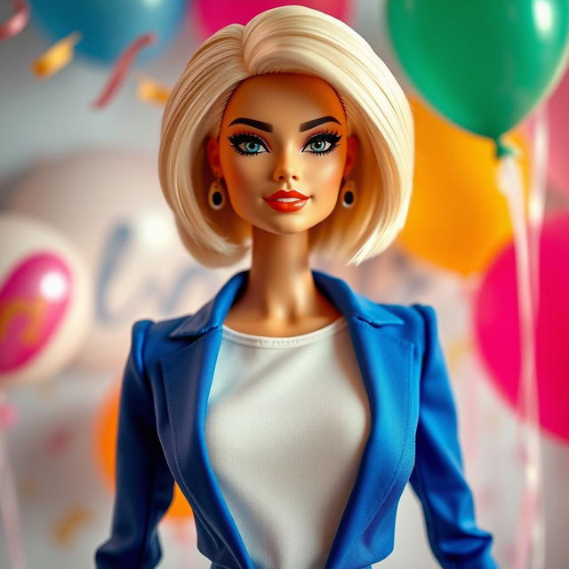 Create a fashion-forward Barbie doll inspired by a woman with chic short blonde hair, striking dramatic eyeliner, and elegant makeup