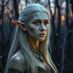 A middle-aged female elf with celestial skin, her appearance reflecting resilience and wisdom gained through life's challenges