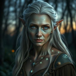 A middle-aged female elf with celestial skin, her appearance reflecting resilience and wisdom gained through life's challenges