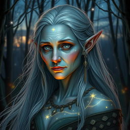 A middle-aged female elf with celestial skin, her appearance reflecting resilience and wisdom gained through life's challenges