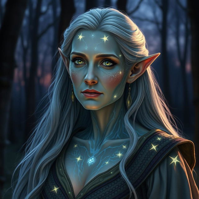 A middle-aged female elf with celestial skin, her appearance reflecting resilience and wisdom gained through life's challenges