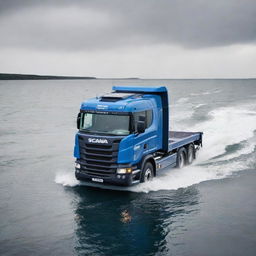 A hefty and resilient off-shore powerboat design that incorporates the robust features, significant logo, and color scheme of a Scania truck