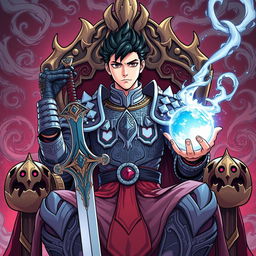 A striking young adult male wearing detailed dragon-themed armor, seated with authority on an elaborate throne
