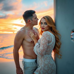 A 40-year-old man with short brown hair and grey-blue eyes is on a Bora Bora beach at sunset