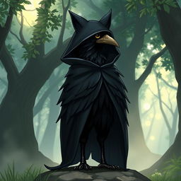 A kenku with glossy black feathers standing tall, dressed in a shadowy cloak with a hood adorned with playful cat ears