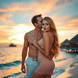 A 40-year-old man with short brown hair and grey-blue eyes is on a Bora Bora beach at sunset