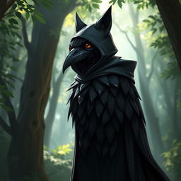 A kenku with glossy black feathers standing tall, dressed in a shadowy cloak with a hood adorned with playful cat ears