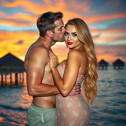 A 40-year-old man with short brown hair and grey-blue eyes is on a Bora Bora beach at sunset