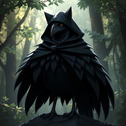 A kenku with glossy black feathers standing tall, dressed in a shadowy cloak with a hood adorned with playful cat ears