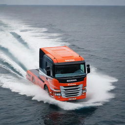 A hefty and resilient off-shore powerboat design that incorporates the robust features, significant logo, and color scheme of a Scania truck