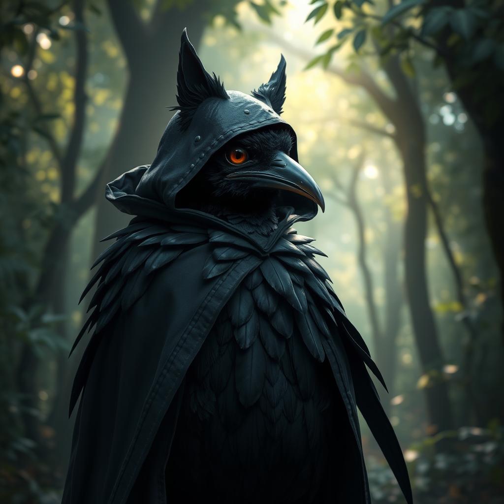 A kenku with glossy black feathers standing tall, dressed in a shadowy cloak with a hood adorned with playful cat ears