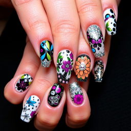 A stylish and modern nail art design showcasing a variety of intricate patterns, vibrant colors, and unique textures