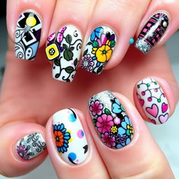 A stylish and modern nail art design showcasing a variety of intricate patterns, vibrant colors, and unique textures