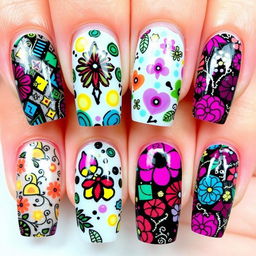 A stylish and modern nail art design showcasing a variety of intricate patterns, vibrant colors, and unique textures