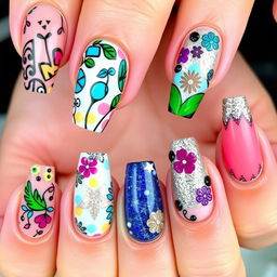 A stylish and modern nail art design showcasing a variety of intricate patterns, vibrant colors, and unique textures