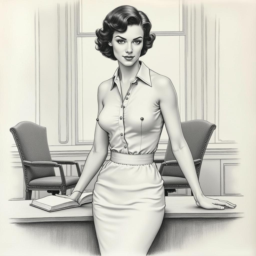 A pencil drawing of a mature business woman from the 1950s with short dark hair, positioned to ensure her face is not visible