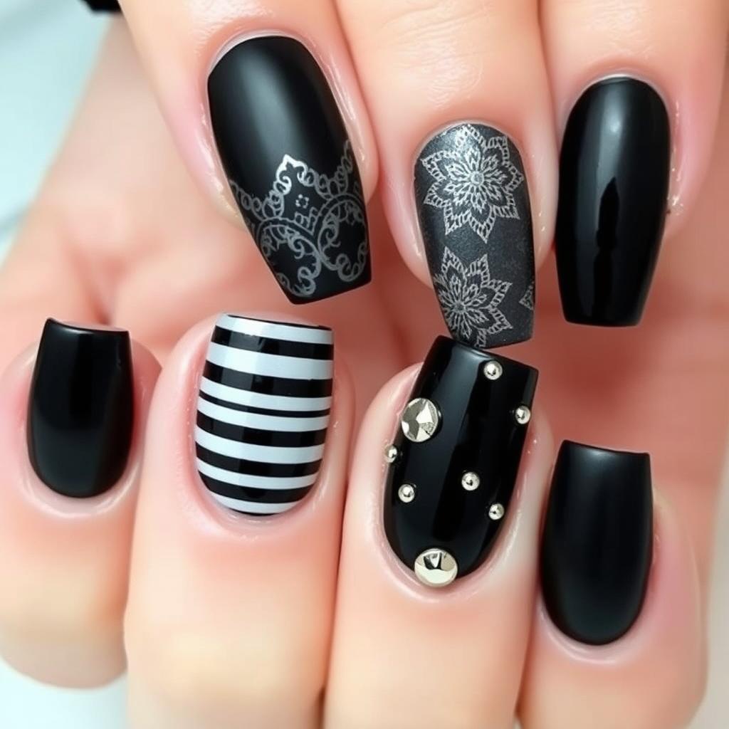 A sophisticated and elegant black nail art design featuring a mix of glossy and matte finishes