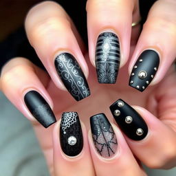 A sophisticated and elegant black nail art design featuring a mix of glossy and matte finishes