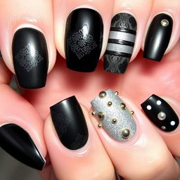 A sophisticated and elegant black nail art design featuring a mix of glossy and matte finishes