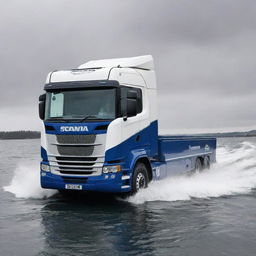 A hefty and resilient off-shore powerboat design that incorporates the robust features, significant logo, and color scheme of a Scania truck