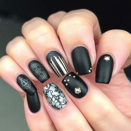 A sophisticated and elegant black nail art design featuring a mix of glossy and matte finishes