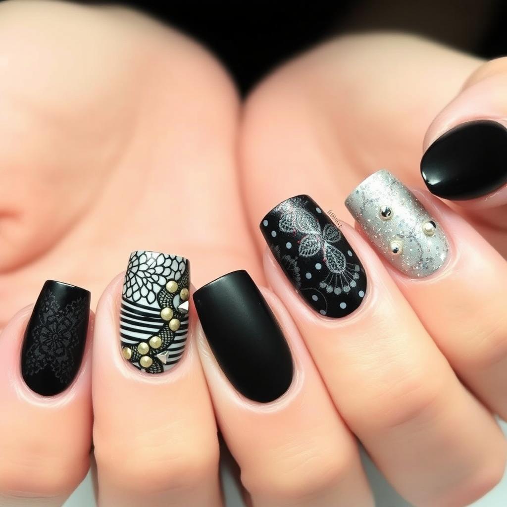 A sophisticated and elegant black nail art design featuring a mix of glossy and matte finishes