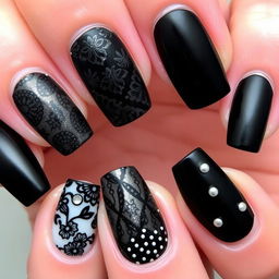 A sophisticated and elegant black nail art design featuring a mix of glossy and matte finishes