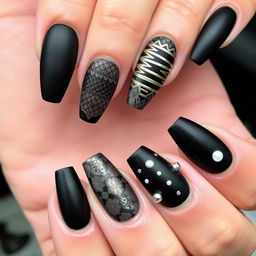 A sophisticated and elegant black nail art design featuring a mix of glossy and matte finishes