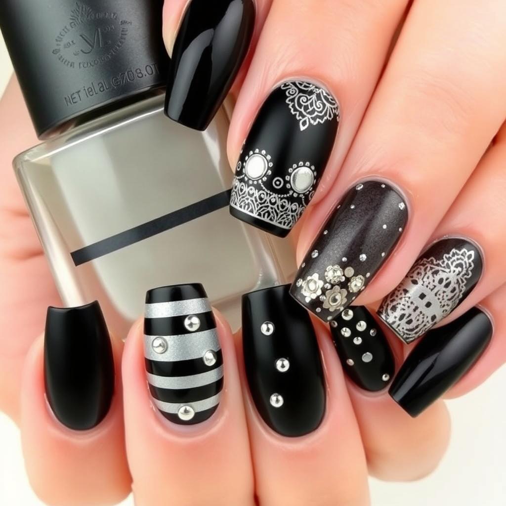 A sophisticated and elegant black nail art design featuring a mix of glossy and matte finishes