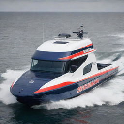 A hefty and resilient off-shore powerboat design that incorporates the robust features, significant logo, and color scheme of a Scania truck