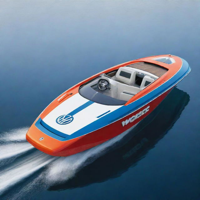 A fun and practical speed boat design that embodies the timeless aesthetics, iconic logo, and vibrant colors of a Volkswagen vehicle