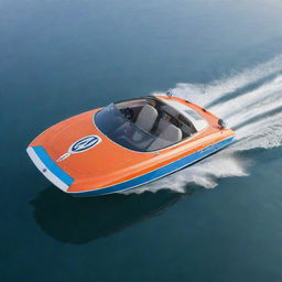 A fun and practical speed boat design that embodies the timeless aesthetics, iconic logo, and vibrant colors of a Volkswagen vehicle