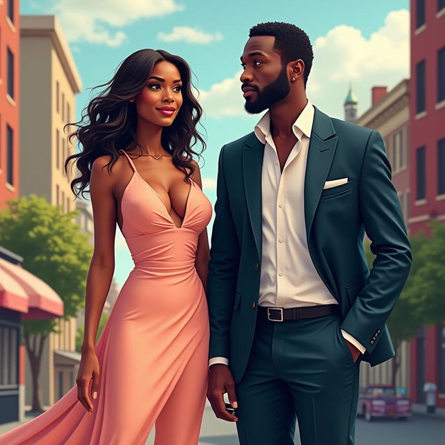 A harmonious depiction of elegance and connection, showcasing a stylish white woman and a charismatic black man