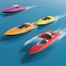 A fun and practical speed boat design that embodies the timeless aesthetics, iconic logo, and vibrant colors of a Volkswagen vehicle