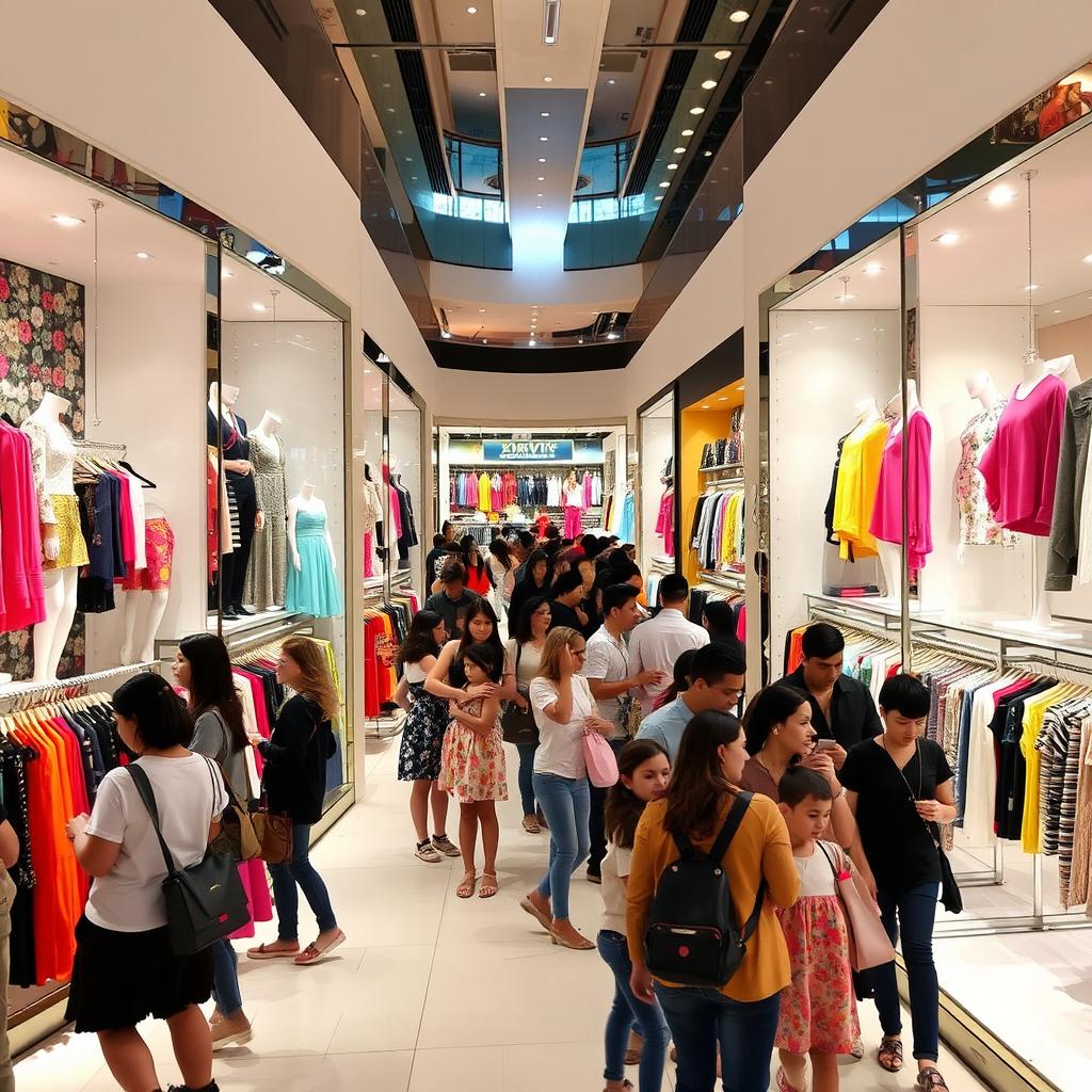 A bustling clothes shop inside a modern mall, showcasing a variety of vibrant and stylish garments arranged in elegant displays